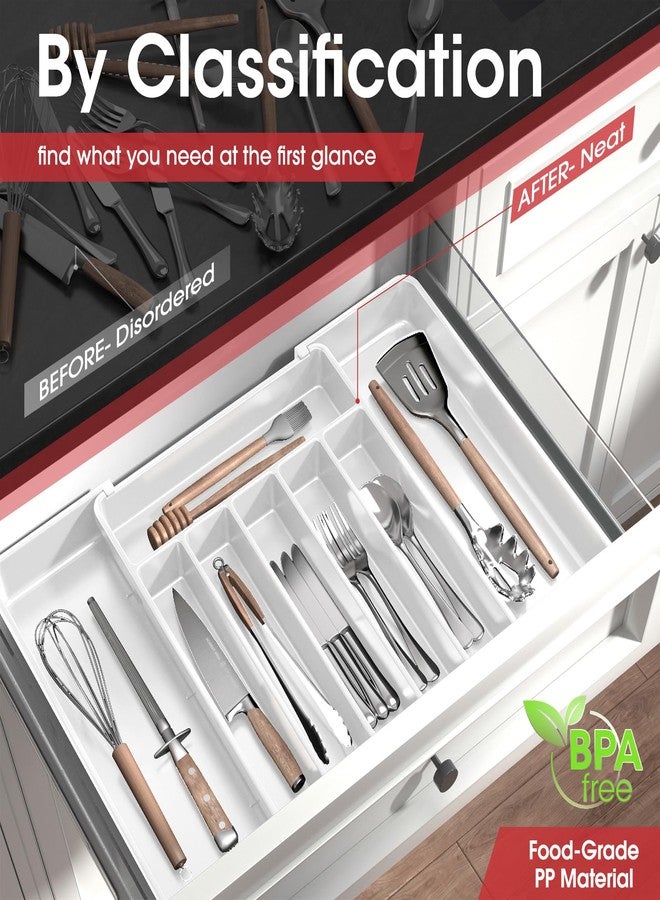 AUJEN Silverware Organizer - Expandable Kitchen Drawer Organizer, Utensil Organizer, Cutlery Drawer Organizer for Knives and Forks, Multipurpose Kitchen and Storage Organizers, Large, White - Image 2