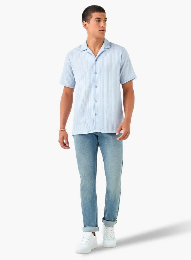 Splash FAV Regular Fit Dobby Textured Shirt with Camp Collar and Short Sleeves