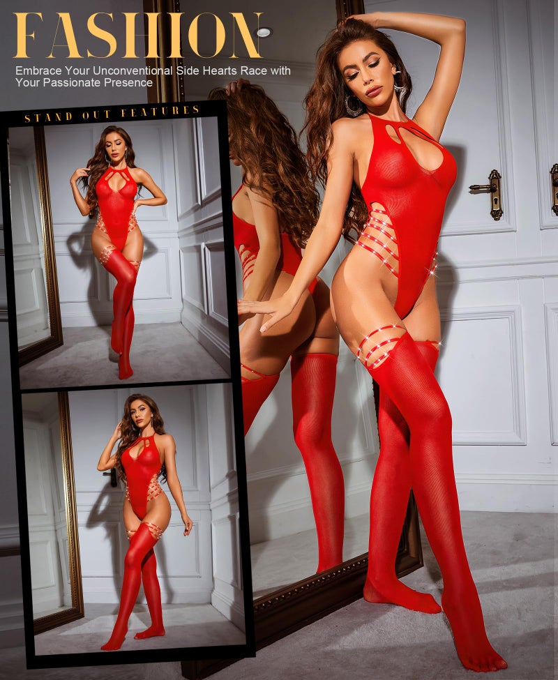 RSLOVE Sexy Lingerie Sets for Women Fishnet Bodystocking Exotic Sparkle Rhinestone Mesh Bodysuit with Thigh High Stockings Red - Image 5