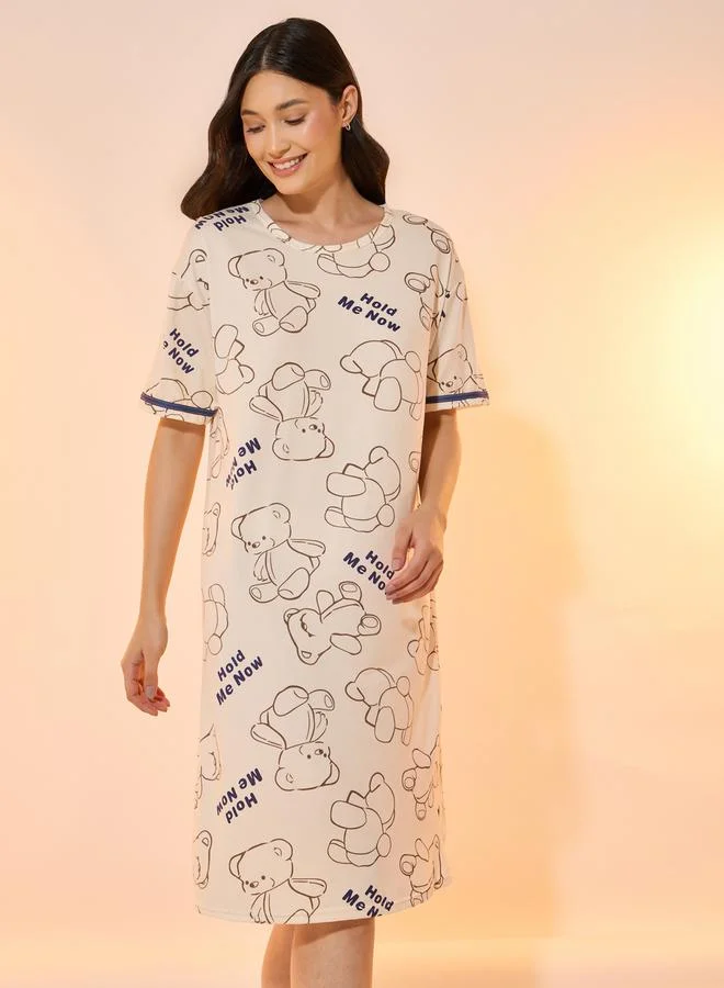 تايك تو All Over Bear Print Round Neck Nightdress