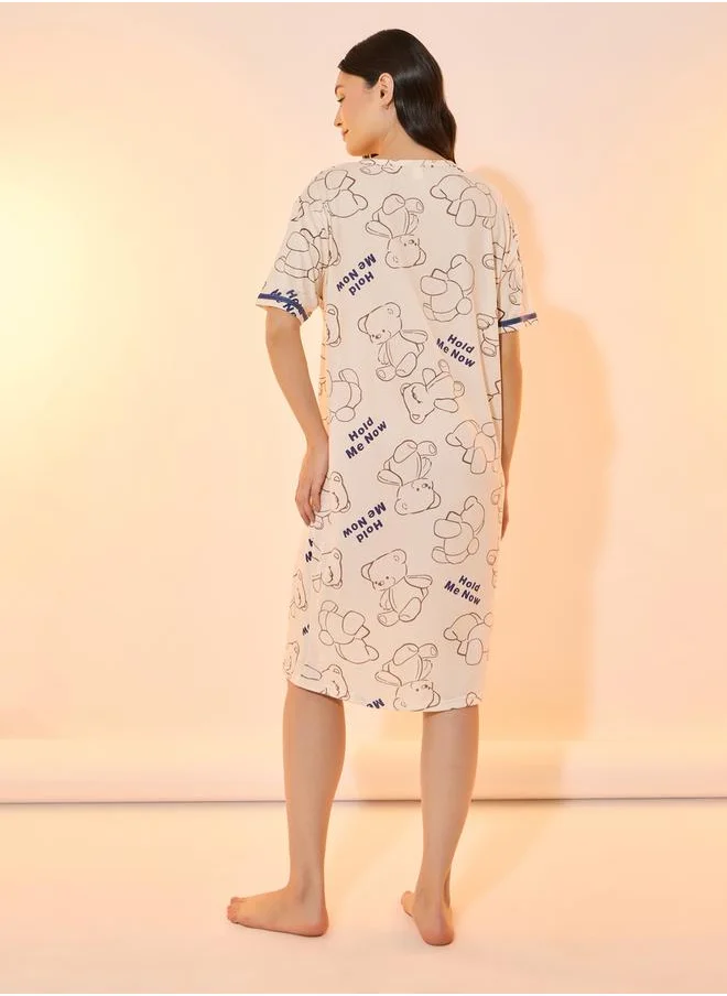 Take Two All Over Bear Print Round Neck Nightdress