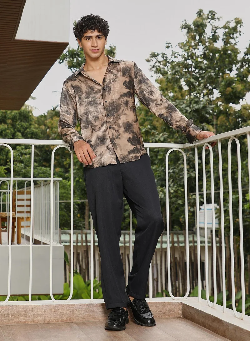Campus Sutra Campus Sutra Men Gleaming-Blur Shirt | Spread Collar Long Cuffed Sleeves | Button Closure Curved Hem | Abstract-Print Suede Feel | Woven Fabric For Evening & Party Wear | Sand Beige