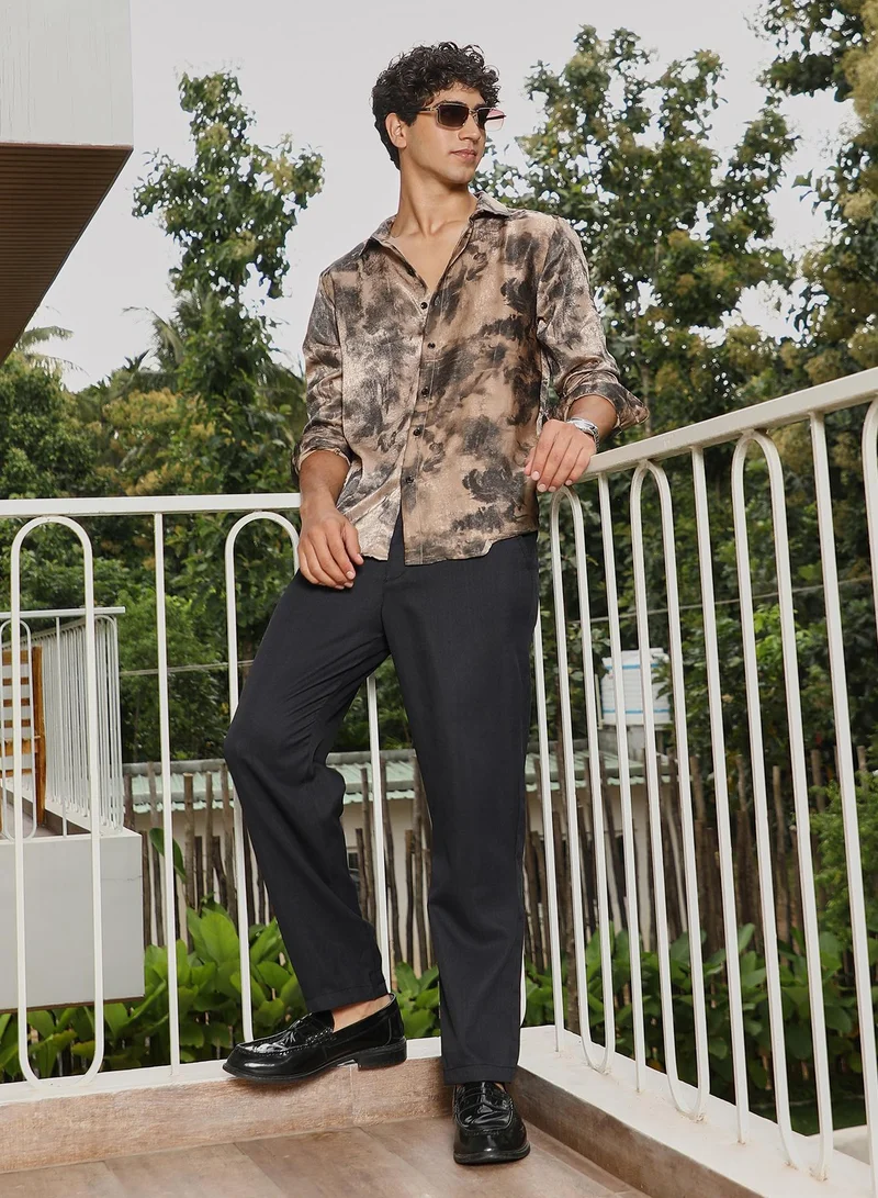 Campus Sutra Campus Sutra Men Gleaming-Blur Shirt | Spread Collar Long Cuffed Sleeves | Button Closure Curved Hem | Abstract-Print Suede Feel | Woven Fabric For Evening & Party Wear | Sand Beige