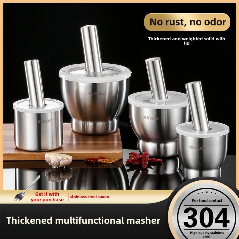 304 stainless steel masher solid garlic grinder household old-fashioned grinder medicine jar manual garlic grinder mortar(12.7cm drum garlic grinder) - Image 2