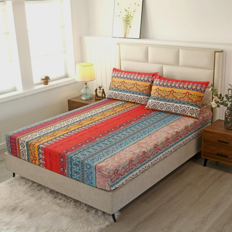 SDIII Boho Queen Fitted Sheet with 2 Pillowcases Not Including Flat Sheet Deep Pocket Tribal Striped Fitted Sheets Queen Bohemian Floral Bed Set