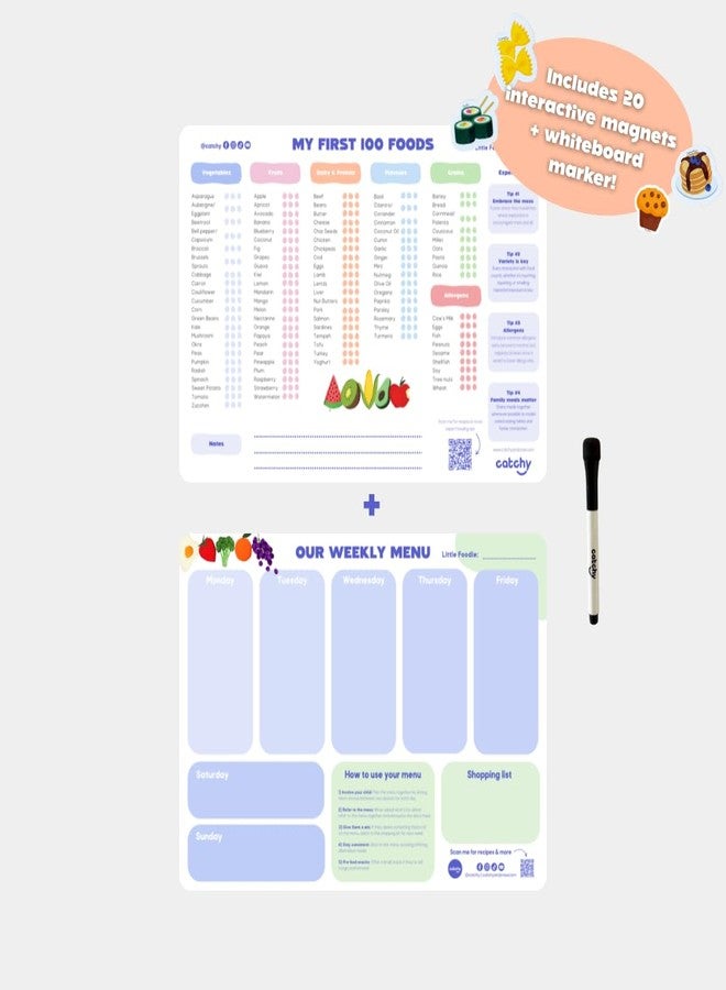 CATCHY - My First 100 Foods Tracker + Our Weekly Menu Set - 1 Magnetic Whiteboard Checklist, 1 Food Planner, 20 Fridge Magnets + 1 Marker - For Introducing Solids & Weekly Meal Planning - Reusable - Image 3