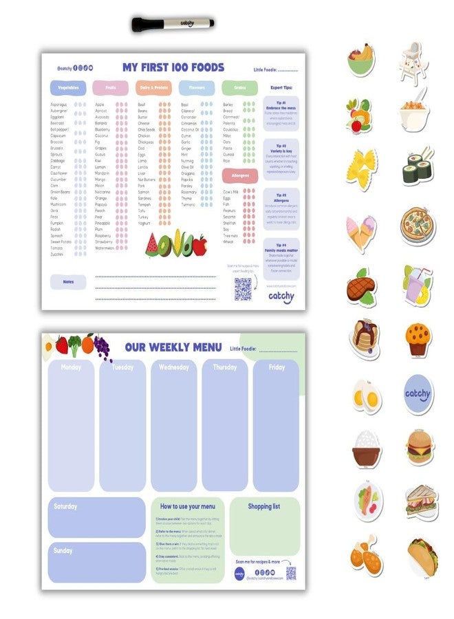 CATCHY - My First 100 Foods Tracker + Our Weekly Menu Set - 1 Magnetic Whiteboard Checklist, 1 Food Planner, 20 Fridge Magnets + 1 Marker - For Introducing Solids & Weekly Meal Planning - Reusable - Image 1