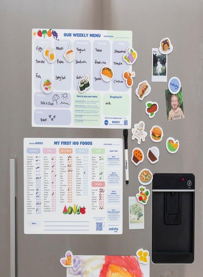 CATCHY - My First 100 Foods Tracker + Our Weekly Menu Set - 1 Magnetic Whiteboard Checklist, 1 Food Planner, 20 Fridge Magnets + 1 Marker - For Introducing Solids & Weekly Meal Planning - Reusable - Image 2