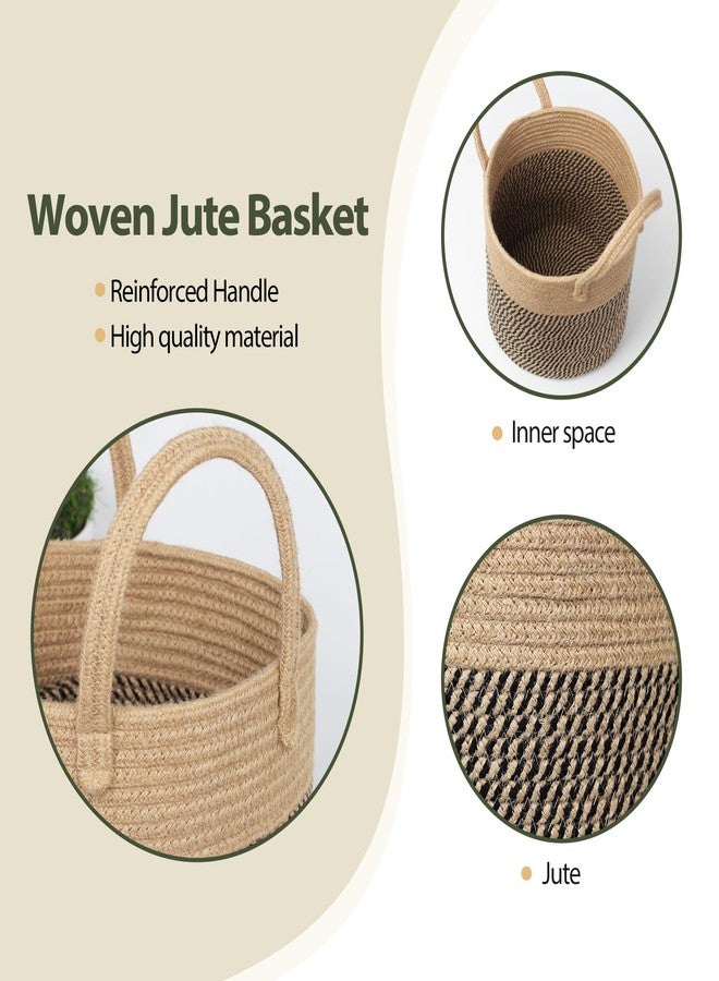 WILLITAT Round Wicker Basket with Handle, 11" Woven Jute Plant Basket for 10" Pot, Indoor Boho Tree Planter, Decorative Flower Pot Cover, Rustic Holder for Plants, Shoe Bin for Entryway, Black Stripes - Image 3