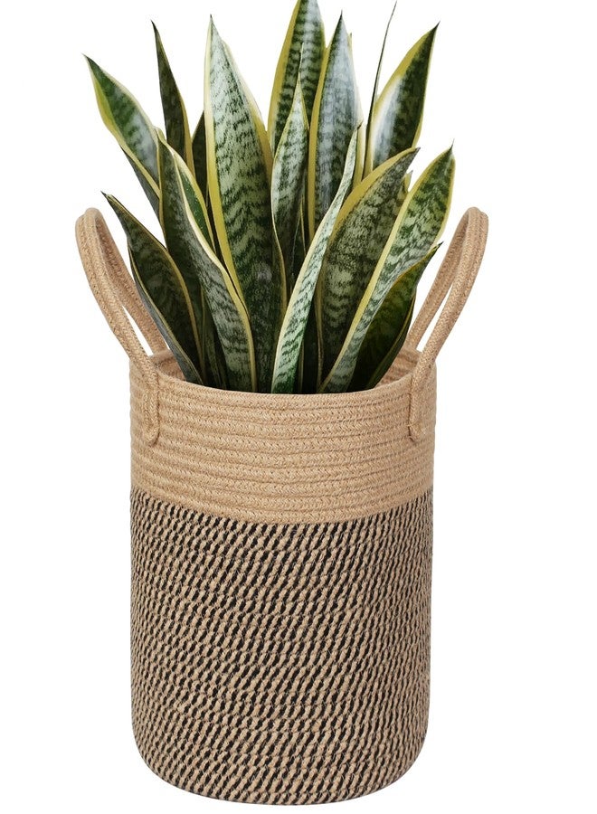 WILLITAT Round Wicker Basket with Handle, 11" Woven Jute Plant Basket for 10" Pot, Indoor Boho Tree Planter, Decorative Flower Pot Cover, Rustic Holder for Plants, Shoe Bin for Entryway, Black Stripes - Image 1