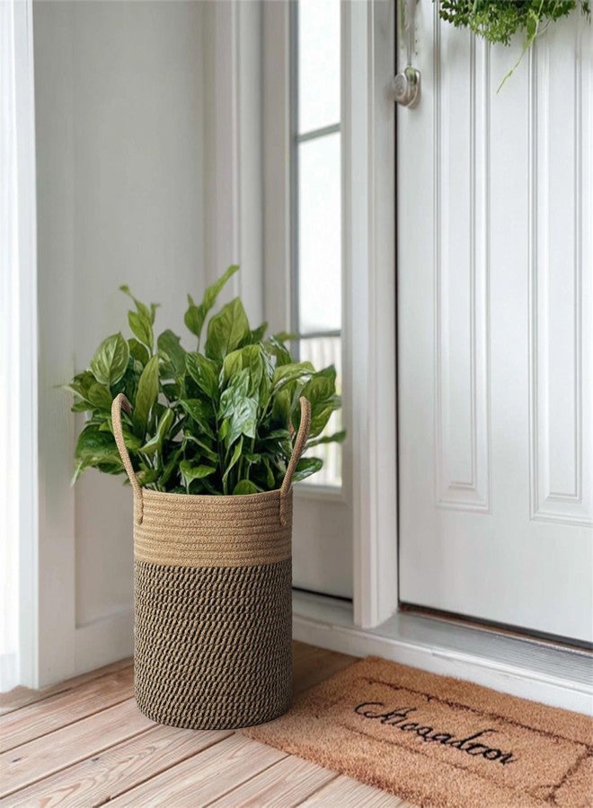 WILLITAT Round Wicker Basket with Handle, 11" Woven Jute Plant Basket for 10" Pot, Indoor Boho Tree Planter, Decorative Flower Pot Cover, Rustic Holder for Plants, Shoe Bin for Entryway, Black Stripes - Image 5