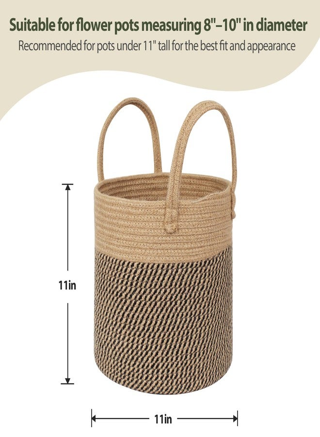 WILLITAT Round Wicker Basket with Handle, 11" Woven Jute Plant Basket for 10" Pot, Indoor Boho Tree Planter, Decorative Flower Pot Cover, Rustic Holder for Plants, Shoe Bin for Entryway, Black Stripes - Image 2