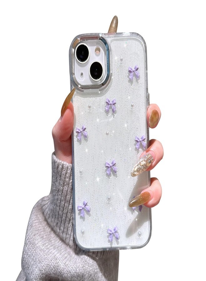 EYZUTAK جراب EYZUTAK لهاتف iPhone 13/iPhone 14، جراب هاتف لامع ثلاثي الأبعاد على شكل فيونكة، جراب أنيق وشفاف من الكريستال اللامع، نحيف وناعم ومتين، مصنوع من مادة TPU شفافة لحماية الهاتف للنساء والفتيات - فيونكة بنفسجية - Image 1