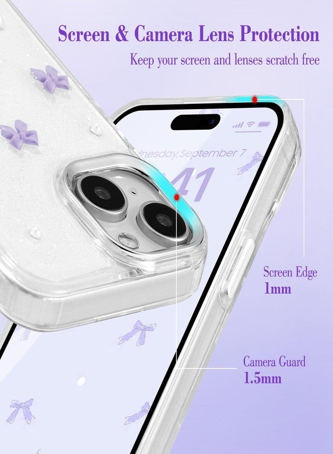 EYZUTAK جراب EYZUTAK لهاتف iPhone 13/iPhone 14، جراب هاتف لامع ثلاثي الأبعاد على شكل فيونكة، جراب أنيق وشفاف من الكريستال اللامع، نحيف وناعم ومتين، مصنوع من مادة TPU شفافة لحماية الهاتف للنساء والفتيات - فيونكة بنفسجية - Image 2
