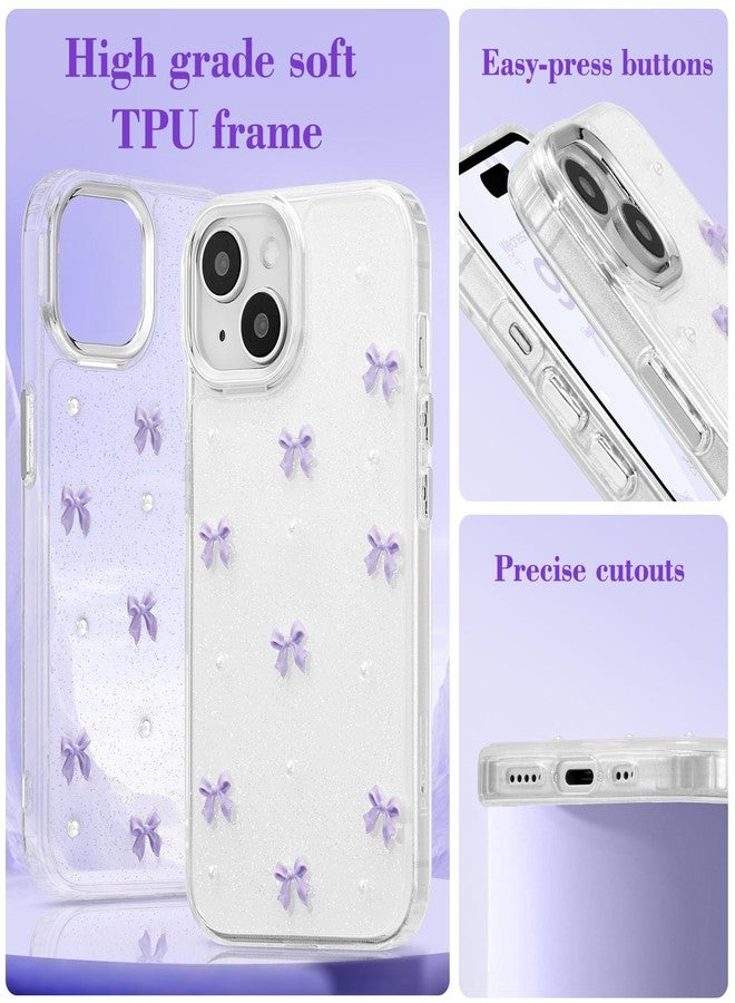 EYZUTAK جراب EYZUTAK لهاتف iPhone 13/iPhone 14، جراب هاتف لامع ثلاثي الأبعاد على شكل فيونكة، جراب أنيق وشفاف من الكريستال اللامع، نحيف وناعم ومتين، مصنوع من مادة TPU شفافة لحماية الهاتف للنساء والفتيات - فيونكة بنفسجية - Image 4