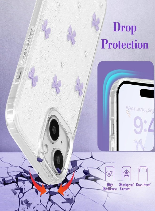 EYZUTAK جراب EYZUTAK لهاتف iPhone 13/iPhone 14، جراب هاتف لامع ثلاثي الأبعاد على شكل فيونكة، جراب أنيق وشفاف من الكريستال اللامع، نحيف وناعم ومتين، مصنوع من مادة TPU شفافة لحماية الهاتف للنساء والفتيات - فيونكة بنفسجية - Image 3