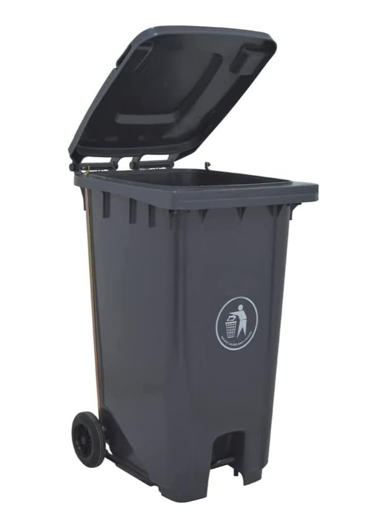 100 Ltr Grey Outdoor Waste Center Pedal Bins, Garbage Can Container With Attached Lid & Two Wheeled - High Density Polyethylene (HDPE) Heavy-Duty