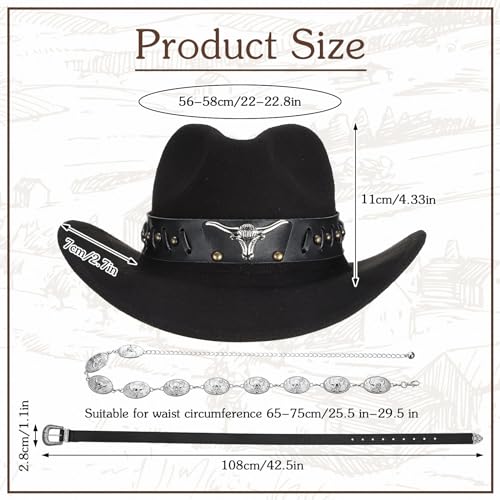 Toulite 5 Pcs Western Cowgirl Accessories Black Cowboy Hat Waist Chain Belt Dangle Earrings for Women Bachelorette Cosplay(Retro) - Image 2