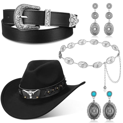 Toulite 5 Pcs Western Cowgirl Accessories Black Cowboy Hat Waist Chain Belt Dangle Earrings for Women Bachelorette Cosplay(Retro) - Image 1