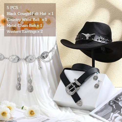 Toulite 5 Pcs Western Cowgirl Accessories Black Cowboy Hat Waist Chain Belt Dangle Earrings for Women Bachelorette Cosplay(Retro) - Image 4