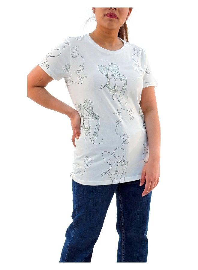 JOANNA W203002 Women's Lady With Hat Design Round Neck Short Sleeve T-Shirt - White - M - Image 1
