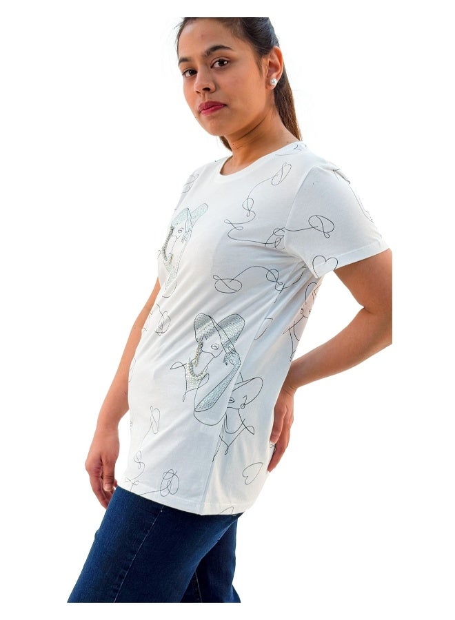 JOANNA W203002 Women's Lady With Hat Design Round Neck Short Sleeve T-Shirt - White - M - Image 2