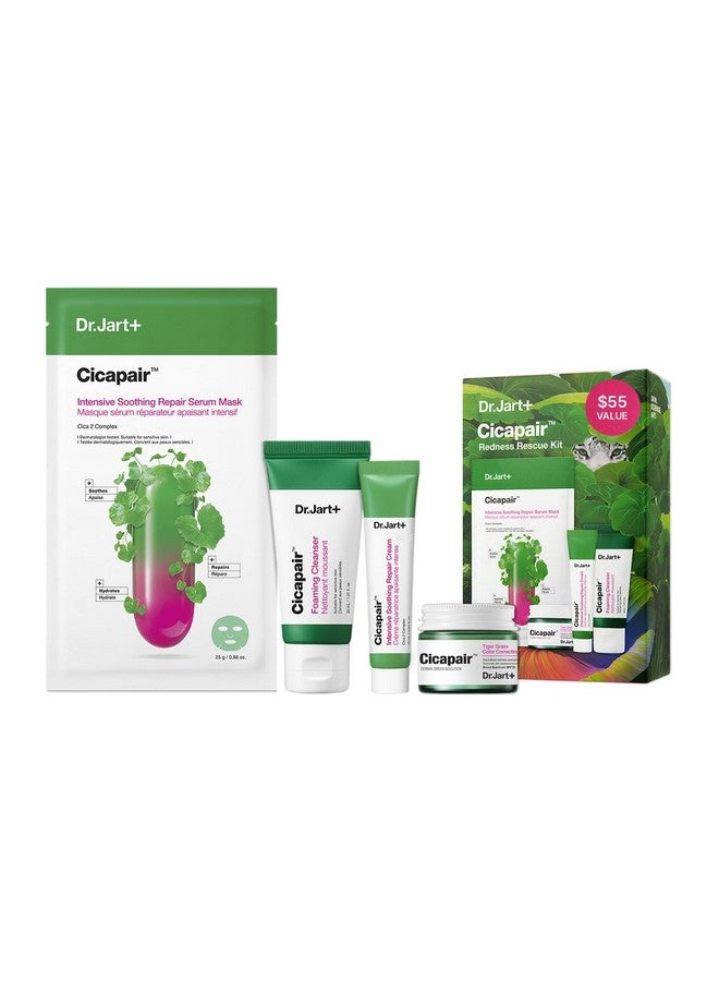Dr.Jart+ Cicapair Redness Rescue Korean Skin Care Set, Travel Size Value Gift Set with Cicapair Color Correcting Cream, Face Wash, Cream Moisturizer, and Face Mask - Image 1