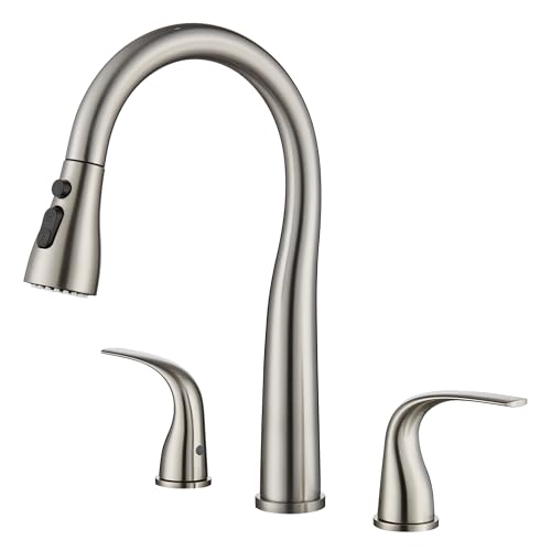 TIORIY 3 Hole Kitchen Faucet with Pull Down Sprayer, Brushed Nickel, Double Handle High Arc Faucet for Kitchen Sink with 3 Mode Spray, Stainless Steel, T-3005BN - Image 1