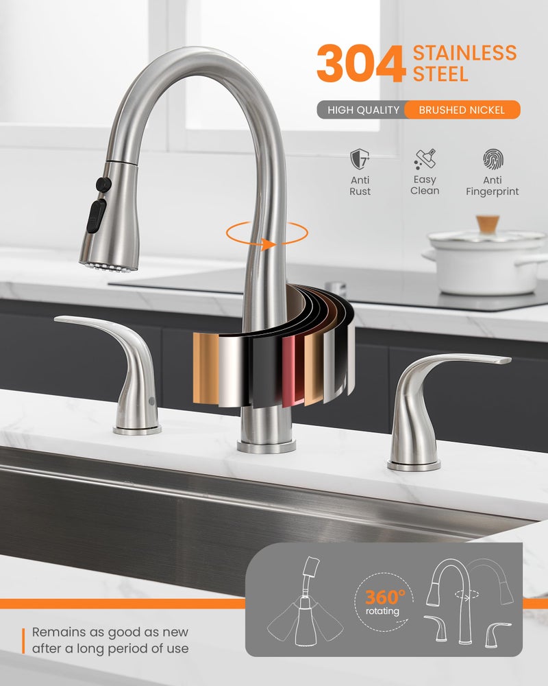 TIORIY 3 Hole Kitchen Faucet with Pull Down Sprayer, Brushed Nickel, Double Handle High Arc Faucet for Kitchen Sink with 3 Mode Spray, Stainless Steel, T-3005BN - Image 4