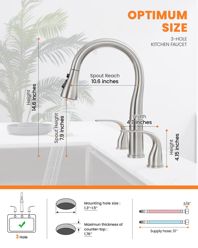 TIORIY 3 Hole Kitchen Faucet with Pull Down Sprayer, Brushed Nickel, Double Handle High Arc Faucet for Kitchen Sink with 3 Mode Spray, Stainless Steel, T-3005BN - Image 5