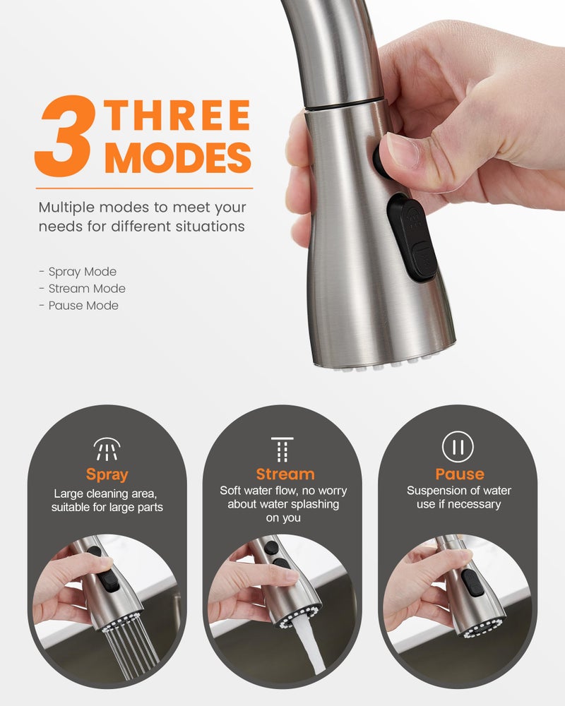 TIORIY 3 Hole Kitchen Faucet with Pull Down Sprayer, Brushed Nickel, Double Handle High Arc Faucet for Kitchen Sink with 3 Mode Spray, Stainless Steel, T-3005BN - Image 2