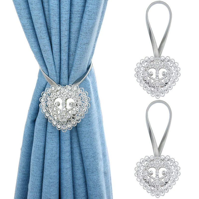 2PCS Magnetic Curtain Tiebacks Crystal Heart Shape Window Curtain Holdbacks Buckles Tie Backs Holders with Stretchable Wire Rope for Home and Office DecorationSilver