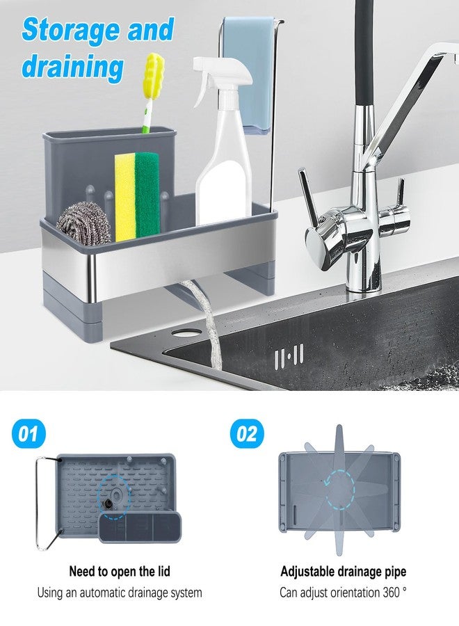 Obsoorth Kitchen Sink Caddy,Sponge Holder for Kitchen Sink with Dish Brush Holder, Auto Drain Tray, Sponge Drain Rack,Stainless Steel Sink Organizer Countertop，Sponge Soap(Grey) - Image 5