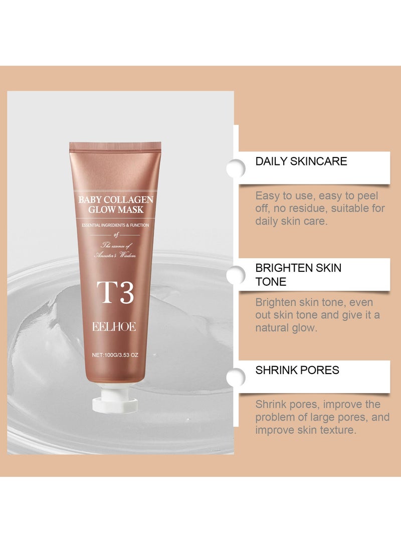 EELHOE T3 Collagen Mask Korean Collagen Face Mask, Baby Glow Collagen Mask Skincare for Anti-Wrinkle, Anti-Aging, Pore Tightening Gift - Image 3