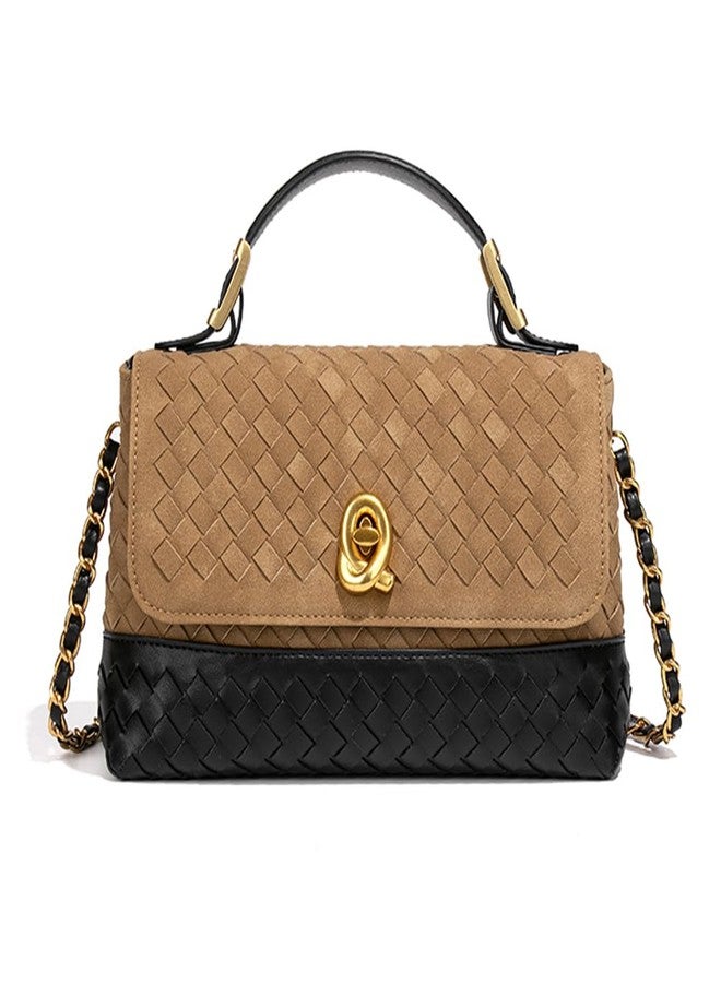 واي بي حقيبة يد من جلد الغزال بمقبض علوي، حقائب كروسبودي من الجلد المنسوج للنساء، حقائب ساتشيل، حقيبة كتف صغيرة (كاكي) - Image 1