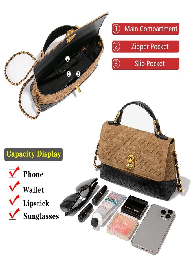 واي بي حقيبة يد من جلد الغزال بمقبض علوي، حقائب كروسبودي من الجلد المنسوج للنساء، حقائب ساتشيل، حقيبة كتف صغيرة (كاكي) - Image 5