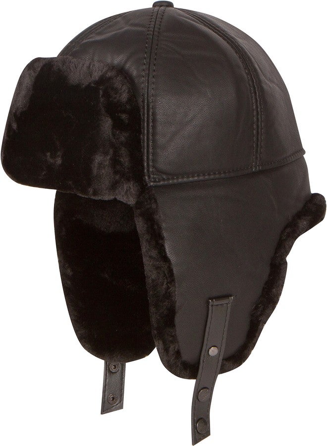 Sakkas Leather Shearling Unisex Faux Mink Fur Aviator Russian Ushanka Trapper Winter Cap Ear Flaps Warm Hat Chin Strap Hunting Ski Snow - Black - 2X