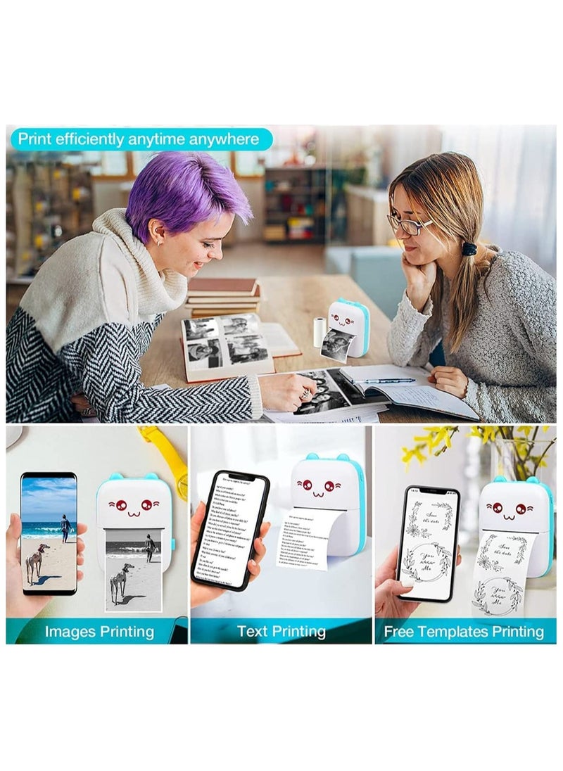 Excefore - Portable Printer, Mini Pocket Printer Wireless Bluetooth Thermal Printer with Thermal Printing Paper USB Cable for Note Photo Web Document Printing Label Receipt Study Home Office, Blue - Image 1