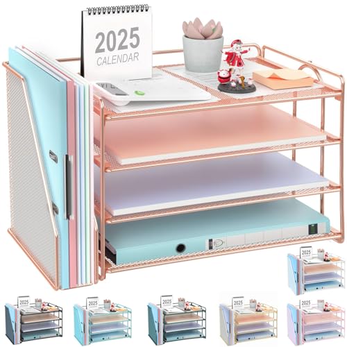 gianotter 4Tier Paper Organizer With Magazine Holder Desk Organizers and Accessories Desk Accessories Workspace Organizers File Organizer for Office Supplies Storag Rose Gold 4Tier - Image 1
