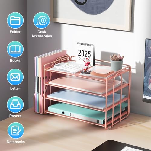 gianotter 4Tier Paper Organizer With Magazine Holder Desk Organizers and Accessories Desk Accessories Workspace Organizers File Organizer for Office Supplies Storag Rose Gold 4Tier - Image 3