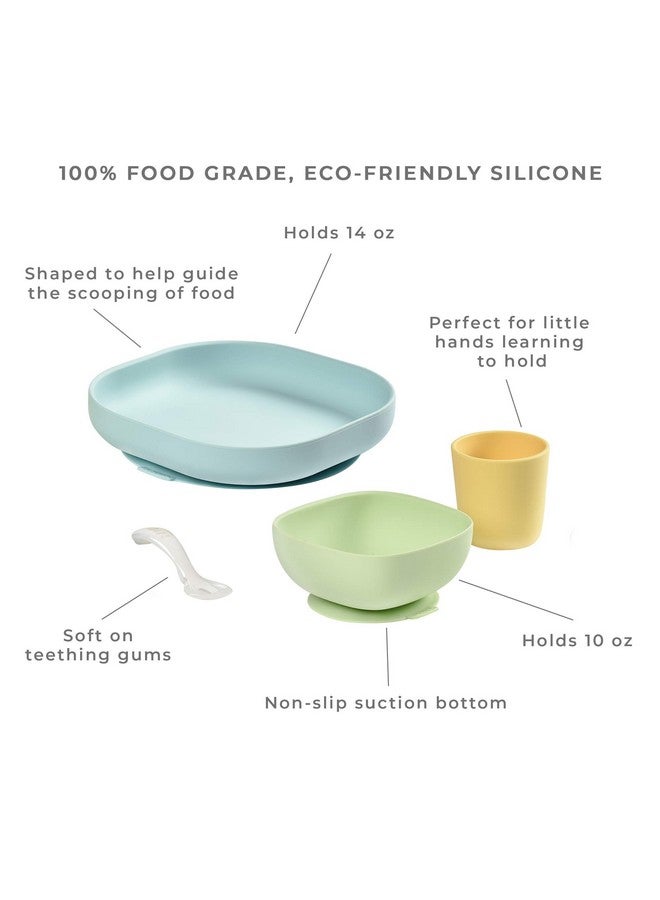 BEABA Silicone 4 Piece Baby Feeding Set, Suction Plates For Baby, Includes Baby Plate, Baby Bowl, Baby Cup, 2Nd Stage Silicone Spoon, High Grade Food Safe Silicone, Baby Must Haves, Pastels - Image 2