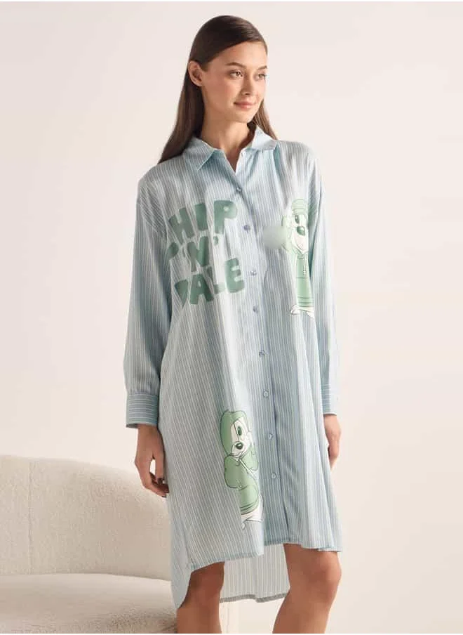 FAV Chip and Dale Print Sleep Shirt with Collar and Long Sleeves