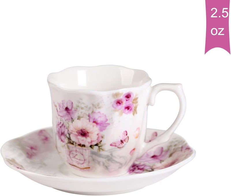 GuangYang 2.5 oz Porcelain Espresso Cups and Saucers Set – Floral Design, Purple Pattern – Gift-Ready, Elegant Mini Coffee Set of 6 for Home or Gifting - Image 2