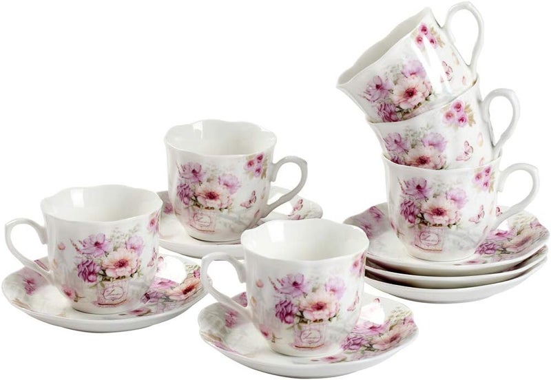 GuangYang 2.5 oz Porcelain Espresso Cups and Saucers Set – Floral Design, Purple Pattern – Gift-Ready, Elegant Mini Coffee Set of 6 for Home or Gifting - Image 1