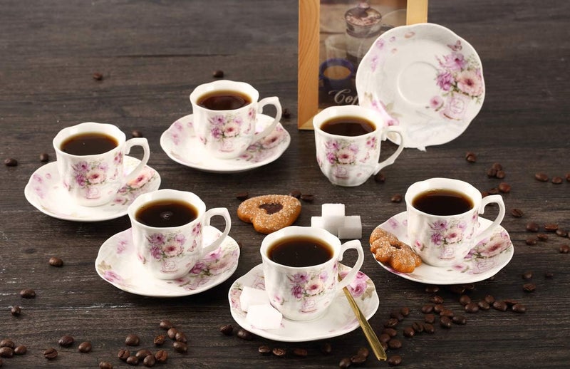 GuangYang 2.5 oz Porcelain Espresso Cups and Saucers Set – Floral Design, Purple Pattern – Gift-Ready, Elegant Mini Coffee Set of 6 for Home or Gifting - Image 5