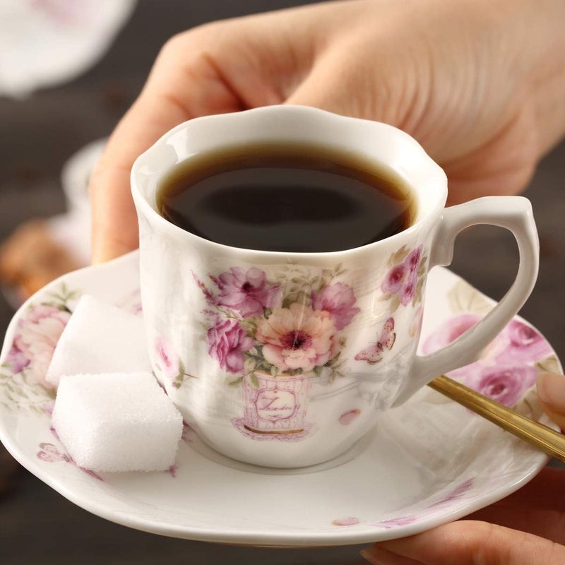 GuangYang 2.5 oz Porcelain Espresso Cups and Saucers Set – Floral Design, Purple Pattern – Gift-Ready, Elegant Mini Coffee Set of 6 for Home or Gifting - Image 4