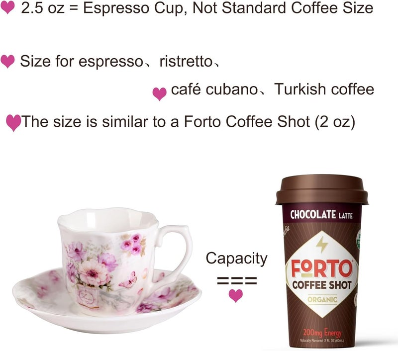 GuangYang 2.5 oz Porcelain Espresso Cups and Saucers Set – Floral Design, Purple Pattern – Gift-Ready, Elegant Mini Coffee Set of 6 for Home or Gifting - Image 3