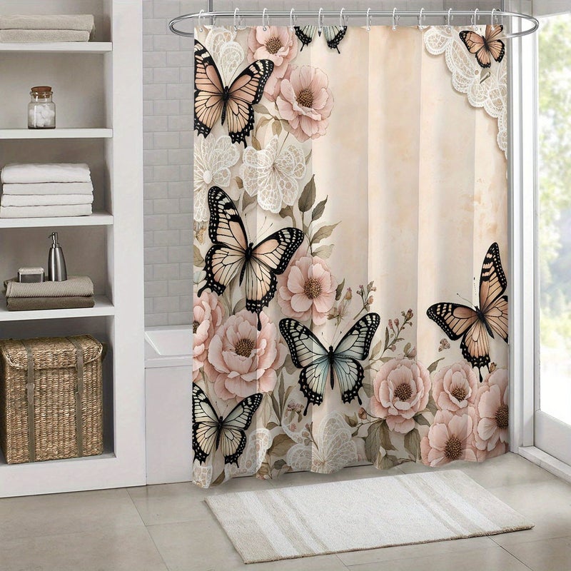Pink Flower Butterfly Polyester Shower Curtain with Hooks 71x71 Inches Water Resistant Bathroom Bathtub Home Decor Four Seasons Universal - Image 2