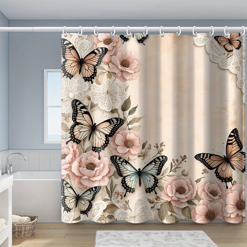 Pink Flower Butterfly Polyester Shower Curtain with Hooks 71x71 Inches Water Resistant Bathroom Bathtub Home Decor Four Seasons Universal - Image 1