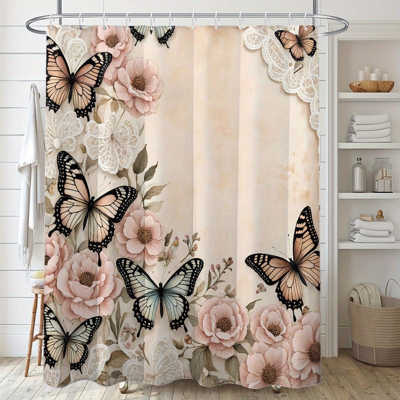 Pink Flower Butterfly Polyester Shower Curtain with Hooks 71x71 Inches Water Resistant Bathroom Bathtub Home Decor Four Seasons Universal - Image 5